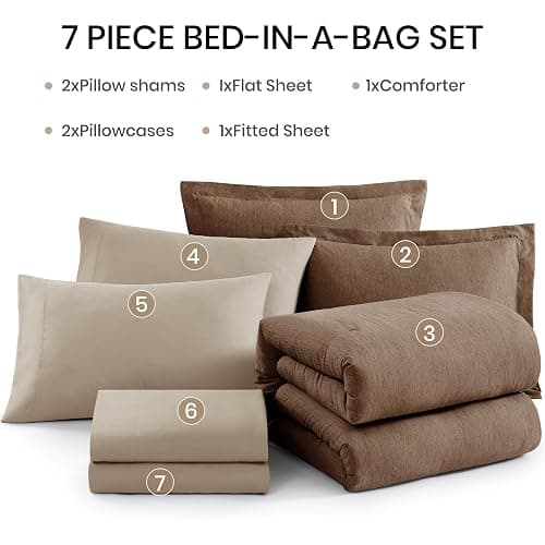Monbix Queen Comforter Set - 7 Pieces Cationic Dyeing Brown Bed in a Bag Queen Bedding Sets with Comforter, Sheets, Pillowcases & Shams, Reversible Bedding Comforters Sets thumbnail 7