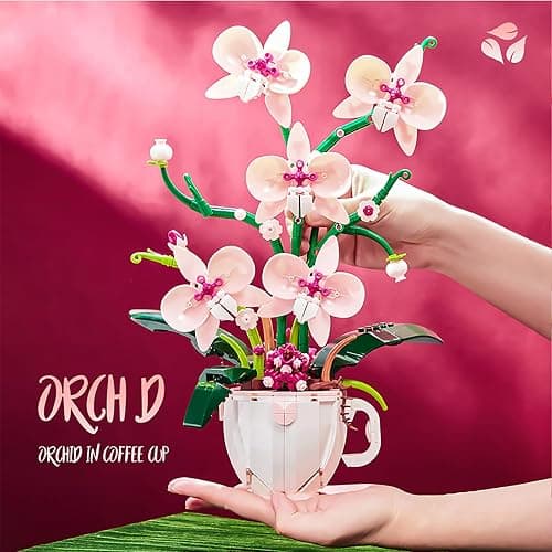 iixeal Pink Orchid Flower Building Set for Adults, Coffee Cup Orchid Botanical Collection Plant Building Kit, Home and Office Decor Gift for Christmas Day, Valentines, Birthday 567pcs thumbnail 5