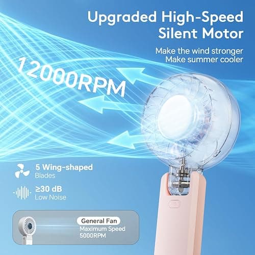 ZOZOO Portable Handheld Fan, 5 Gear High Speed, Rechargeable Mini Personal Hand Fan, Up to 14 Working Hours, 3 IN 1 for Travel, Beach Vacation, Camping, Gifts for Women, (Pink) thumbnail 2