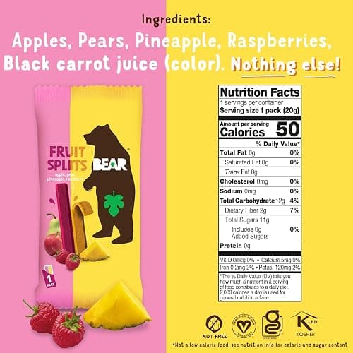 BEAR Real Fruit Snack Splits - Gluten Free, Vegan, and Non-GMO - Raspberry and Pineapple – Healthy School And Lunch Snacks For Kids And Adults, 0.7 Ounce (Pack of 18) thumbnail 2