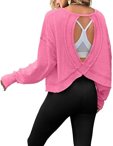 Magritta Womens Open Back Workout Top Loose Fit Boat Neck Athletic Shirts Casual Backless Crop Running Tee Y2k Yoga thumbnail 5