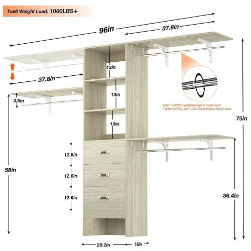 Armocity 96 Inches Closet System, 8FT Walk In Closet Organizer with 3 Shelving Towers, Heavy Duty Clothes Rack with 3 Drawers, Built-In Garment Rack, 96"L x 16"W x 75"H, Load 1000 LBS, White Oak thumbnail 3
