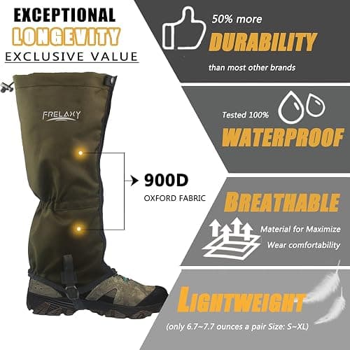 Frelaxy Leg Gaiters Ultra HIGH-Performance Hunting Gaiters, 100% Waterproof Hiking Gaiters with Upgraded Rubber Foot Strap, Adjustable Snow Boot Gaiters thumbnail 2