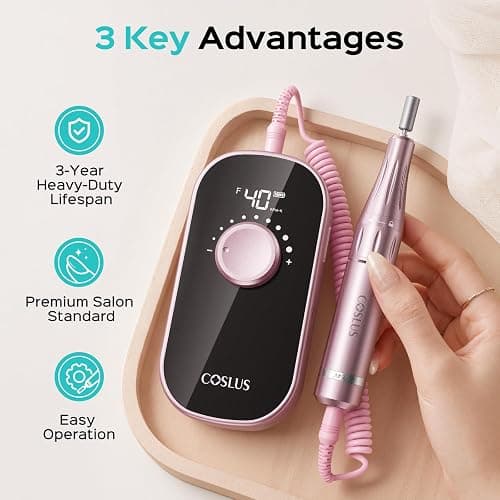 COSLUS E51 Professional Nail Drill Portable Long-Lasting Electric Nail File | Rechargeable, 40000 RPM, Effective for Acrylic Gel Polishing Removing, Easy for Beginner Women, Home DIY & Salon, Pink thumbnail 2