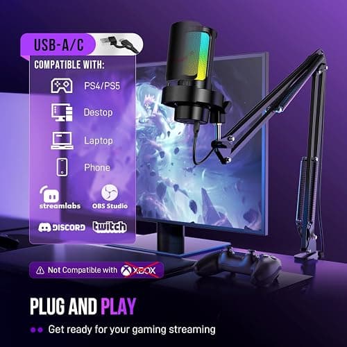 FIFINE USB Gaming Microphone Kit, PC Streaming Mic with RGB Lights, Mute, Gain Knob, Metal Boom Arm for Recording Podcast, Condenser Computer Microphone Set Compatible with PS4/PS5-AmpliGame A8T thumbnail 5