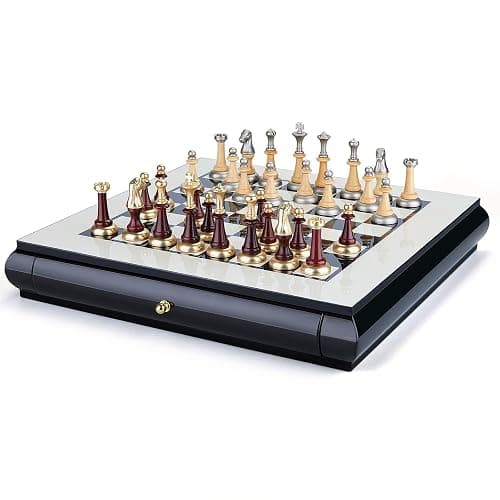 AMEROUS 16 Inches Wooden Chess Set, Large Size Board with 2 Built-in Storage Drawers - 2 Extra Queens - Metallic & Wooden Chess Pieces - Gift Packaging, Board Games for Adults and Kids thumbnail 6