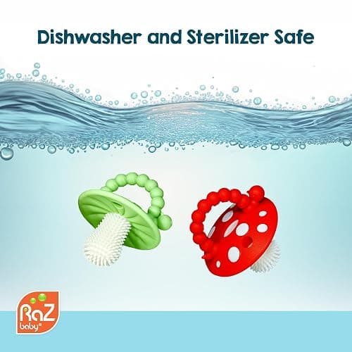 RaZbaby Soft Silicone Infant & Baby 3M+ Teether Toy Massaging Bristles Teething Relief Pacifier - Soothes Sore Gums - Hands-Free & Easy-to-Hold Chompy Teether, BPA Free (RED/Green) thumbnail 7