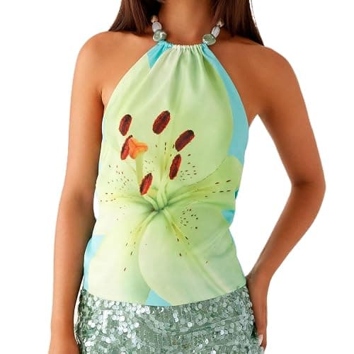 Backless Halter Tops for Women Y2k Sleeveless Open Back Tie Up Floral Print Camisole Silk Satin Going Out Top - Image 1