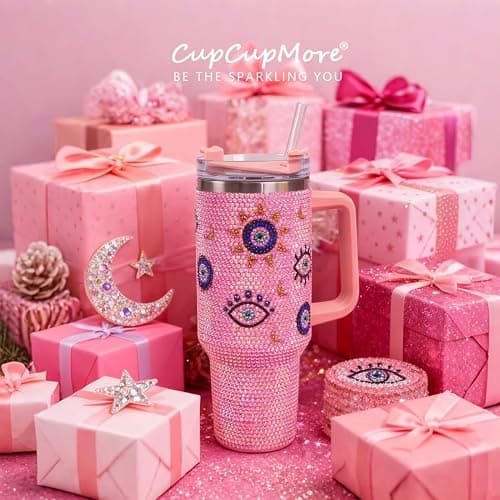 Cupcupmore 40 oz Pink Evil Eye Bling Rhinestone Stainless Steel Sippy Tumbler Glitter Vacuum Insulated Water Bottle with Straw & Lid &Handle,Sparkle Car Cup Holder,Keeps Cold 12 Hours Drinks,Coffee thumbnail 7