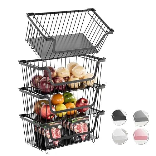 4 Pcs Stackable Wire Baskets Pantry Organizers and Storage Bins,Black | Breathable Metal Design with Rotating Handle,Idea for Potato Onion Fruit Snack Veggie Kitchen Countertop Freezer Organization - Image 1
