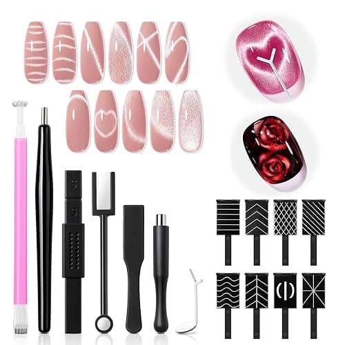 modelones Cat Eye Magnetic for Nails,15PCS Cateye Rose Gel Nail Polish Magnet Tools Powerful Set Wand Magnet Valentine's Love-heart Nail Polish Square Round Magnet Stick Diverse Glassy Cateye Effect - Image 1