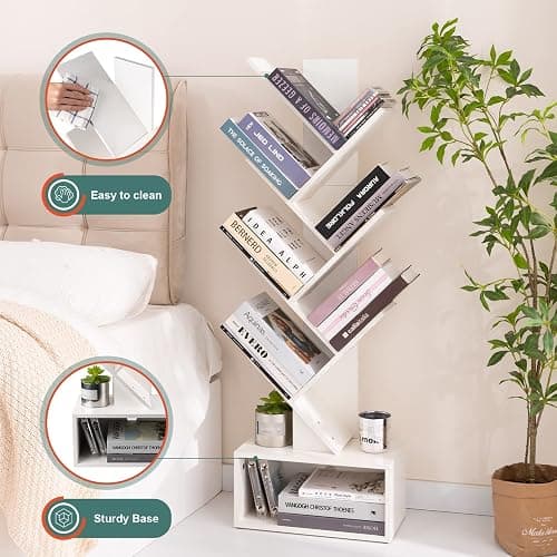 Yoobure Tree Bookshelf, 6 Tier Small Book Shelf Retro Floor Standing Bookcase, Wood Book Storage Organizer Rack, Tall Narrow Bookshelves for Corner/Bedroom/Living Room/Home Office, White thumbnail 8