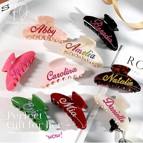 Personalized Colorful Name Hair Claw Clips for Women,Custom Hair Clips with Diamond,Cute Hair Accessories 4",Handmade Rhinestones Hair Clamp Gifts for Mom,Bride,Wife,Bridesmaid,Couples(Tortoise) thumbnail 9