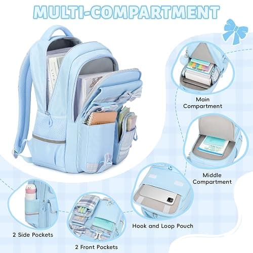 Tanou School Bag Girl Kids Backpack, Water-resistant Bookbag Teenager Daypack, Kawaii Checked Satchel for Girls 9-16 Years with Trolley Strap thumbnail 3