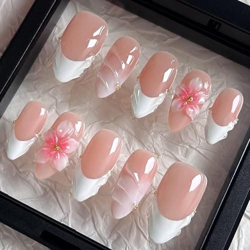 Handmade Press On Nails - MAGLFELL Spring Nails Almond False Nails, 3D Pink Carving Floral and French Design, 10Pcs Reusable Acrylic Fingernail Salon Artificial Nails Kit (Size S) thumbnail 2