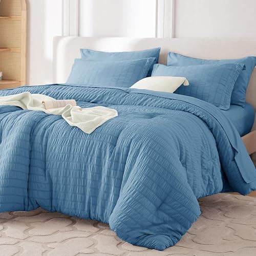 MUXHOMO 7 Pieces Queen Comforter Set, Seersucker Bed in a Bag Queen Size, All Season Luxury Bedding Set with Comforter, Flat Sheet, Fitted Sheet, Pillowcases & Shams, Mineral Blue - Image 1