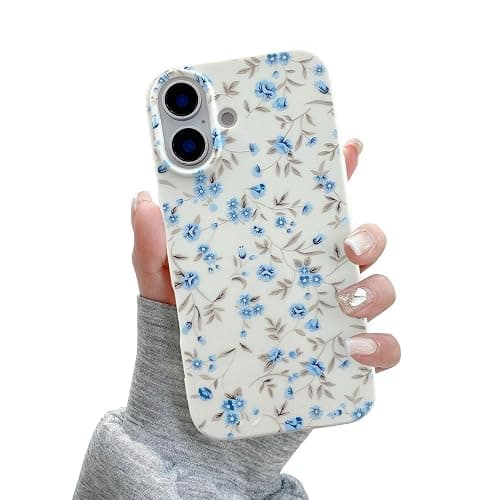 QLTYPRI for iPhone 16 Plus Case, Cute Pink Floral Flower Pattern Aesthetic Phone Case, Raised Camera Protection Soft Slim TPU Shockproof Protective Phone Cover for Girls Women - Blue - Image 1