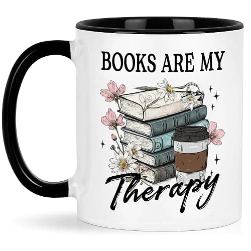 FUNITZ Book Lover Gifts - Books Are My Therapy Mugs with Black Handle, Bookish Coffee Mug with Stacked Book Design, Birthday, Christmas Gifts for Books Lovers Women, Bookworm Mugs for Readers - Image 1