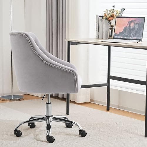 MOJAY Velvet Office Swivel Vanity Chair, Fabric Desk Pretty Fancy Gold Office Chair for Girls, 360°Swivel Height Adjustable Reception Chair (Grey) - Grey thumbnail 2