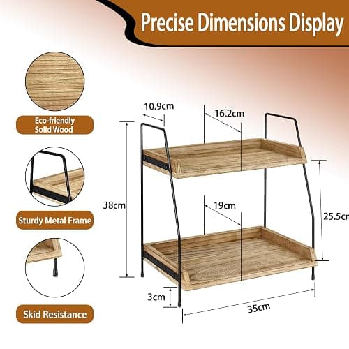 2 Tier Coffee Station Organizer for Countertop Coffee Bar Accessories and Organizer, Wooden Kitchen Counter Shelf Coffee Condiment Storage for Bathroom, Kitchen, Coffee Bar, Holiday Decorations thumbnail 2
