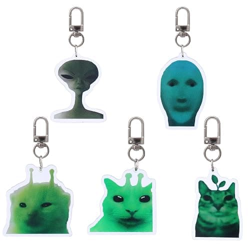 PUCAPOCO Alien Cat Keychain Cute Funny Cat Meme Keychains Bag Charms for Bag Backpack Handbag Purse Charms 5PCS - Image 1