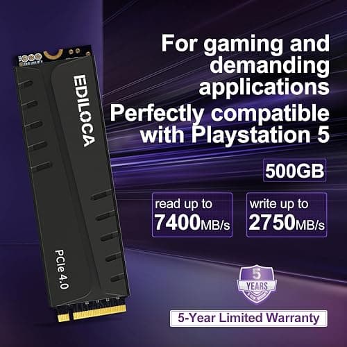 Ediloca 500GB PS5 SSD with Heatsink PCIe Gen4 NVMe M.2 Gaming SSD, 7400MB/s Read, 1GB DRAM Cache, 3D TLC | Internal Solid State Drive Compatible with PS5 & PC(EN855) thumbnail 3