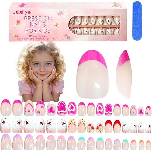 Jsiallve 96Pcs Short Oval Press on Nails for Girls, 3Style Press On Nails for Kids,Short Kid Fake Nail Kit For Kid,Pink French Tip Nail For Kids,False Nails with Nail File Buffer For8-12years,16sizes - Image 1
