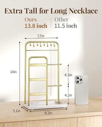 pickpiff Jewelry Holder Stand: Jewelry Display for Necklace, Bracelet, Earring, Ring, White & Gold thumbnail 3