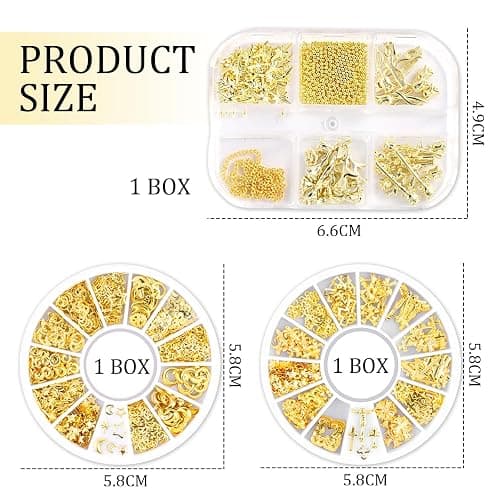 3 Box golden nail charm set with golden cross, star, rose and moon – 3D chrome nail decorations, ear studs, nail art accessories for nails, decor, handicrafts, DIY thumbnail 2