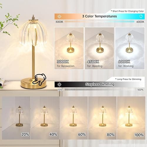 Shenmoyl Tulip Table Lamp with 5000mAh Battery & Touch Control, Cordless Small Table Lamp with 3 Colors, Dimmable Rechargeable Table Lamps for Living Room, Bedroom, Desk, Bedside (Transparent Tulip) thumbnail 3