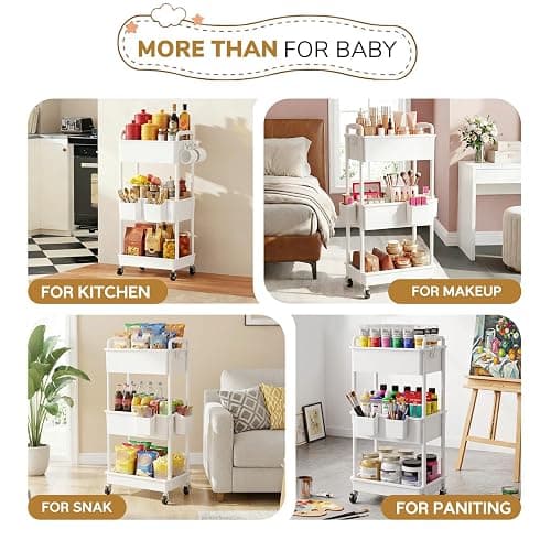 Goovilla Diaper Cart with Lockable Wheels and Easy Assembly, 3 Tier White Rolling Cart for Baby Nursery Storage, Sturdy Ample Diaper Caddy Organizer for Baby Girl, Boy, New Mom, Newborn Essentials thumbnail 7