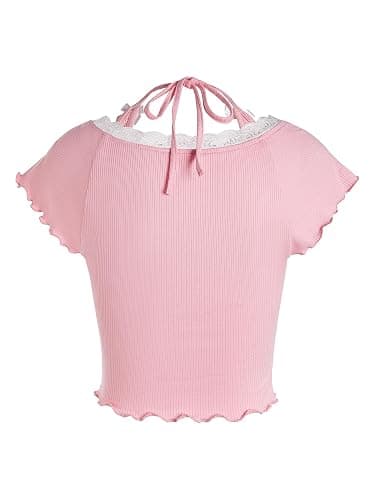 Verdusa Women's Contrast Lace Halter Neck Lettuce Trim Casual Crop Tee Tops thumbnail 3