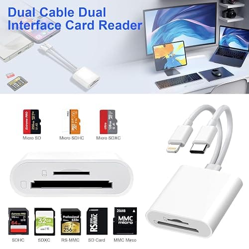 Denlane SD Card Reader for iPhone iPad, USB C & Lightning Dual Interface Memory Card Reader, Digital Camera Adapter to iPhone/MacBook/USBC Laptop for SD/TF/Sim Card, Plug & Play, Camera Accessories thumbnail 2