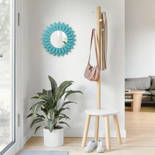 Honiway Beach Wall Decor Mirror 12 inch Wood Coastal Wall Decor Sunburst Boho Home Decor Room Decor for Bedroom Living Room Bathroom Cyan thumbnail 7