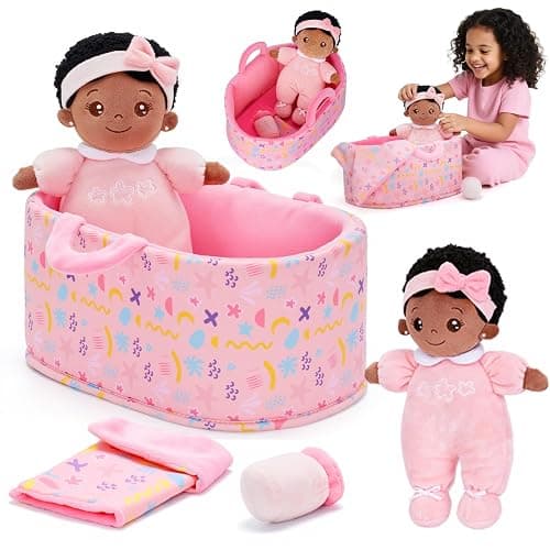 OUOZZZ Baby Doll Accessories with Black Doll, Bassinet, Blanket and Bottle | Interactive Pretend Playset for Social Emotional Learning, Educational Toy for 2 Year Old Girls - Image 1