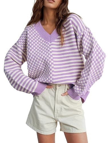 UNCLECAT Women's Striped Checkered Sweater 2025 V Neck Fall Sweaters Casual Knit Trendy Pullover Tops - Image 1