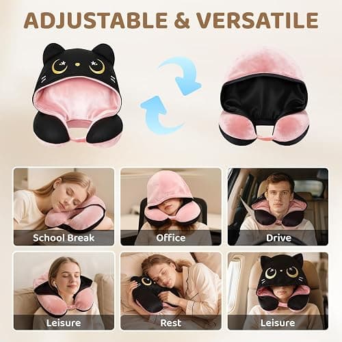 Mewaii Travel Neck Pillow with Hood for Airplanes,Memory Foam,Breathable Ice Silk & Soft Velvet,Double-Sided,Removable to Clean,Adjustable Strap,Portable Travel Pillow for Long Flights Adults & Teens thumbnail 9