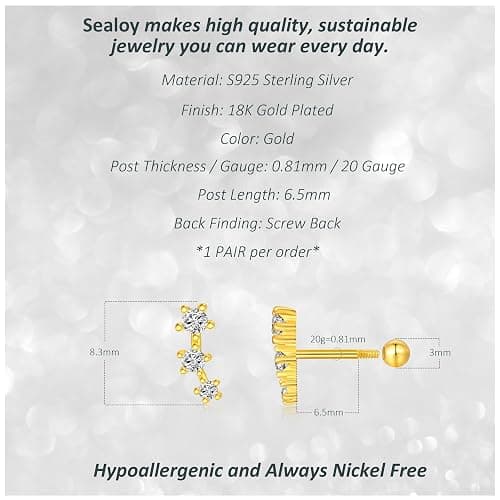 925 Sterling Silver Gold Screw Back Stud Earrings for Women/Girls, Helix Cartilage Tragus Earlobe Conch Piercing Jewelry,20 Gauge,Trio/Bar/Pearl/Butterfly/Leaf/North Star/Flower/Clover/Heart thumbnail 2