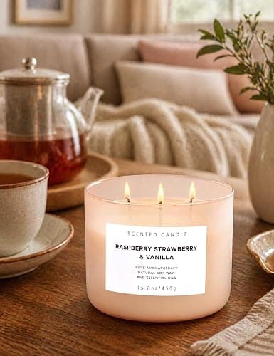 Raspberry Strawberry Vanilla 3-Wick Scented Soy Candle 15.8 oz | Large Sweet Berry Vanilla Scented Candle for Home | Relaxing Aromatherapy Candle | Strong Throw & Long Lasting thumbnail 8