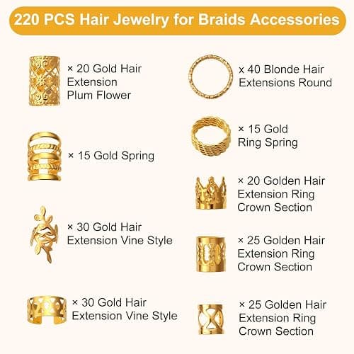 CPOXITI 220Pcs Hair Jewelry for Dreadlock, Metal Hair Charms for Women, Gold Braids Rings Cuffs Clips for Hair Braids, Loc Jewelry Dreadlock Accessories thumbnail 4