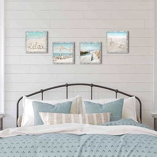 Ocean Framed Wood Wall Art: Beach Picture Seascape Artwork Coastal Prints Starfish Boardwalk Art Collection Wall Decor Set of 4 for Bathroom thumbnail 5