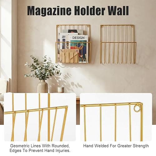 Pipigaty 2-Pack Wall Magazine Rack, Gold Metal Mail and File Organizer | Durable gold metal rack holds magazines and mail while adding a modern accent to offices, bathrooms and living rooms thumbnail 3