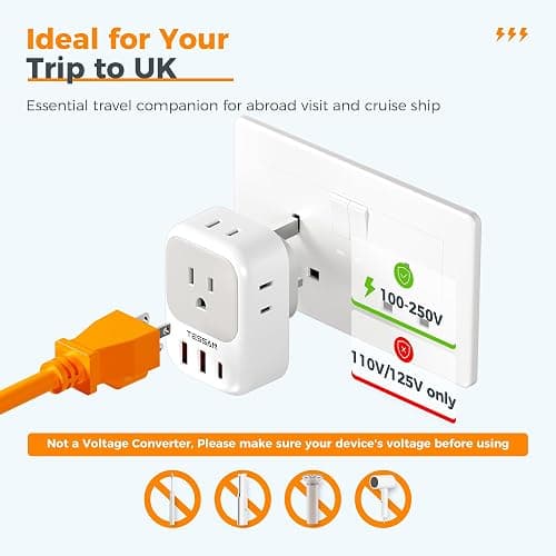 TESSAN UK Adapters for Travel, US to UK Ireland Plug Adapter 20W, Foldable | Power Adaptor, 4 Outlets 3 USB(PD 20W 1 USB C), Type G for USA to Scotland London England Hongkong Dubai Irish thumbnail 6