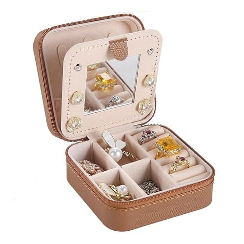 KElofoN Travel jewelry case Travel jewelry box Travel Jewelry Organizer Small Jewelry Organizer Box Gift for Girls Women with Mirror(Coffee) - Image 1