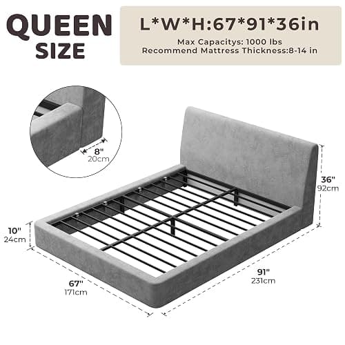 RECCI AirFrame Queen Bed Frame with Ergonomic Angled Headboard, 360° Cushioned Platform Bed Frame, Low Profile Minimalist Soft-Frame Bed, No Box Spring Needed, Easy Assembly, Moon Grey thumbnail 2