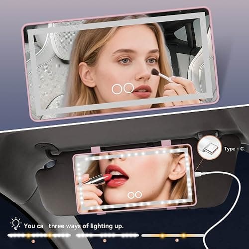 Feisate Car Mirror Visor Vanity with Rechargeable LED Light - 3 Light Modes & Dimmable Touch Screen- Girly Pink Car Accessories for Women Interior- Large Clip on SunVisor Passenger Side Mirror, Pink thumbnail 3