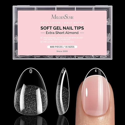MelodySusie Extra Short Almond X Nail Tips - 600Pcs 15 Sizes Clear Acrylic, Half Matte Full Cover Press on Nails for DIY Extension & Salon Use, Pre-Shaped for Long-Lasting Manicure - Image 1