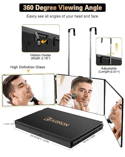 JUSRON 360 Viewing Angle Self Hair Cutting Mirror, Clear Anti-Fog HD Glass (Black Without LED Without Accessories) thumbnail 3