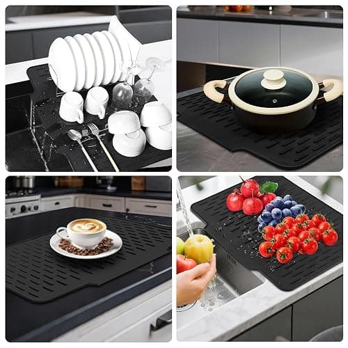 Silicone Drying Mat for Kitchen Counter，23"×18"drain mats for kitchen counter，dish drying rack ，dish drying mat large (black） thumbnail 8