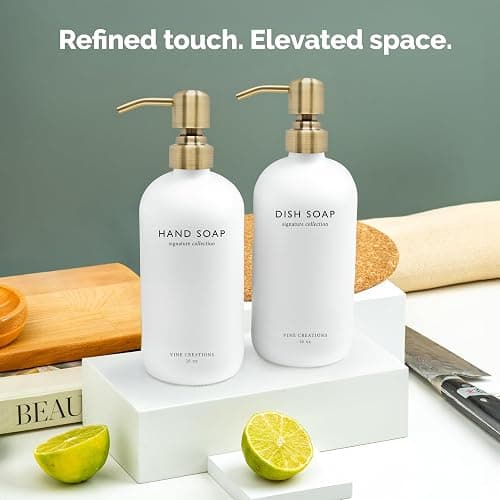 Vine Creations White Glass Soap Dispenser Set, Dish Soap and Hand Soap Dispenser Set with Stainless Steel Pump, 16 oz Glass Dispensers for Kitchen or Bathroom Decor (Matte White Bottle/Brushed Brass) thumbnail 6